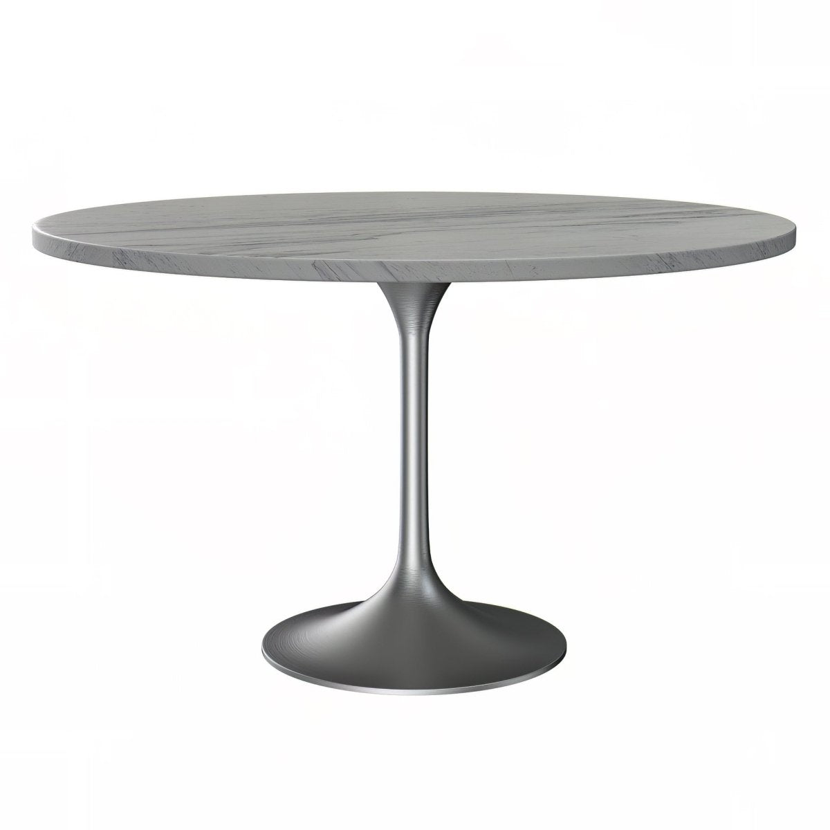 Verve Round Dining Table with MDF/Sintered Stone/Resin Tabletop in Silver Stainless Steel Pedestal Base Resin 48 Inch White Resin Dining Table Leisuremod
