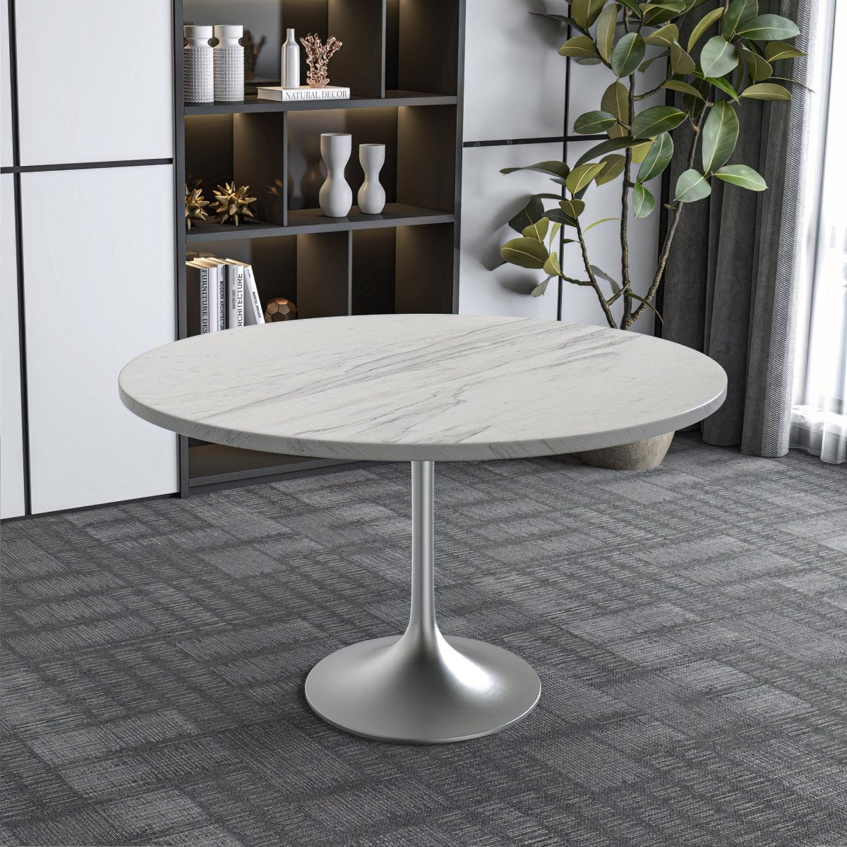 Verve Round Dining Table with MDF/Sintered Stone/Resin Tabletop in Silver Stainless Steel Pedestal Base Resin 48 Inch White Resin Dining Table Leisuremod
