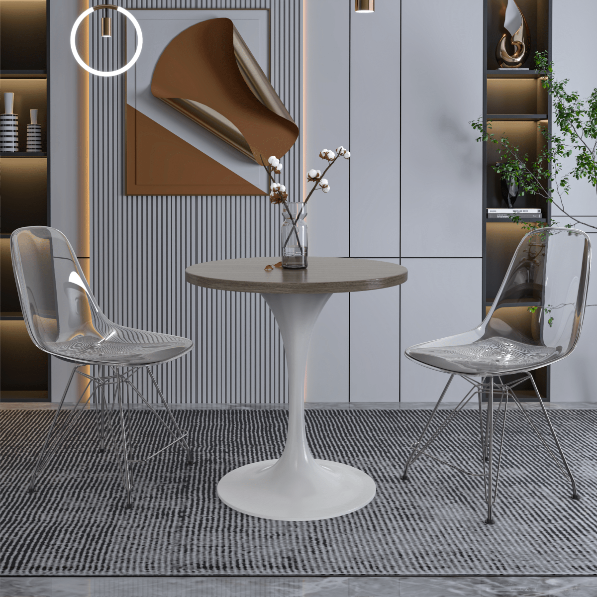 Verve Round Dining Table with MDF/Sintered Stone/Resin Tabletop in White Stainless Steel Pedestal Base MDF 27 Inch Dark Maple Dining Table Leisuremod