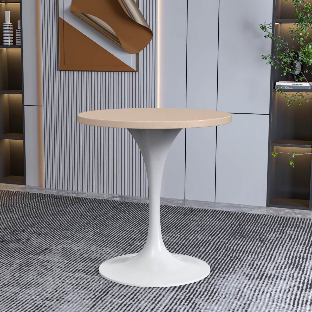 Verve Round Dining Table with MDF/Sintered Stone/Resin Tabletop in White Stainless Steel Pedestal Base MDF 27 Inch Natural Wood Dining Table Leisuremod
