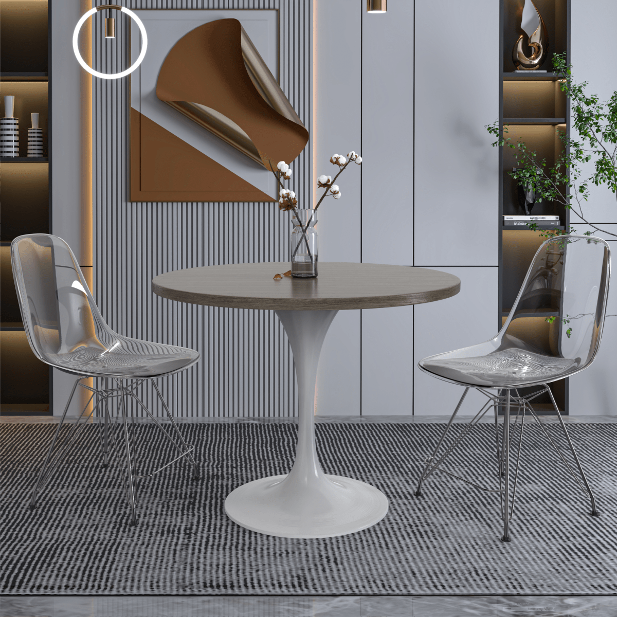 Verve Round Dining Table with MDF/Sintered Stone/Resin Tabletop in White Stainless Steel Pedestal Base MDF 36 Inch Dark Maple Dining Table Leisuremod