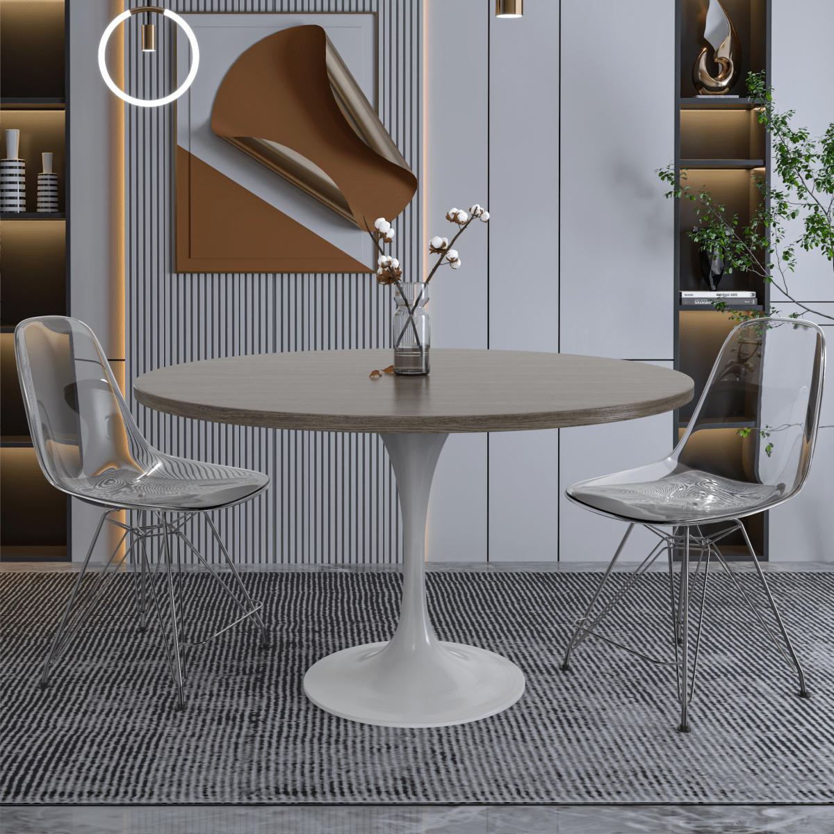 Verve Round Dining Table with MDF/Sintered Stone/Resin Tabletop in White Stainless Steel Pedestal Base MDF 48 Inch Dark Maple Dining Table Leisuremod