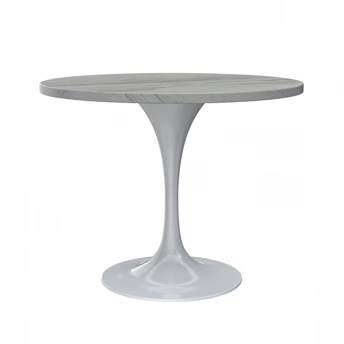 Verve Round Dining Table with MDF/Sintered Stone/Resin Tabletop in White Stainless Steel Pedestal Base Resin 36 Inch White Resin Dining Table Leisuremod