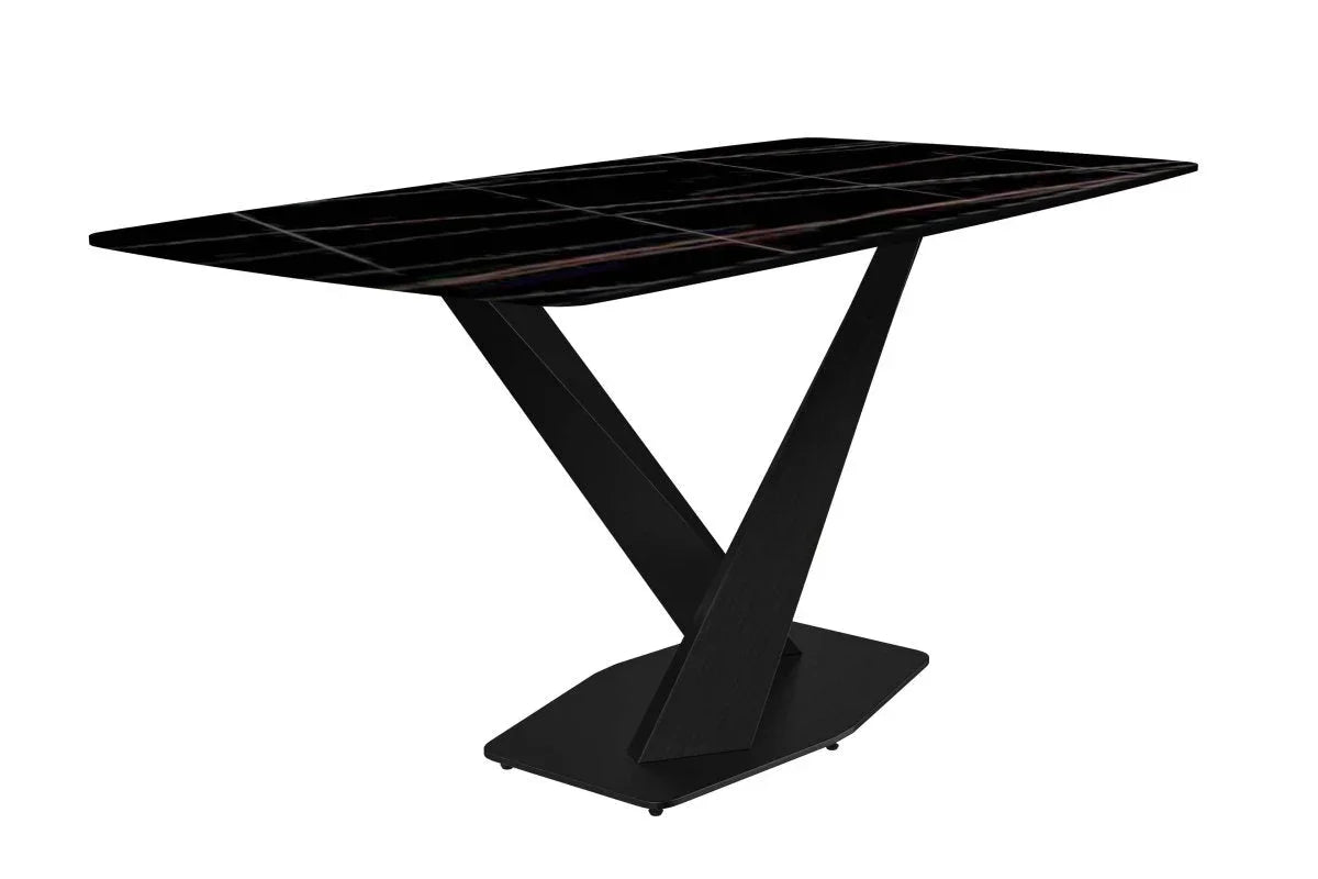 Voren 7-Piece Dining Set with 55" Rectangular Dining Table with Sintered Stone Top and Black Base and 6 Leather Dining Chairs - Elax Furniture