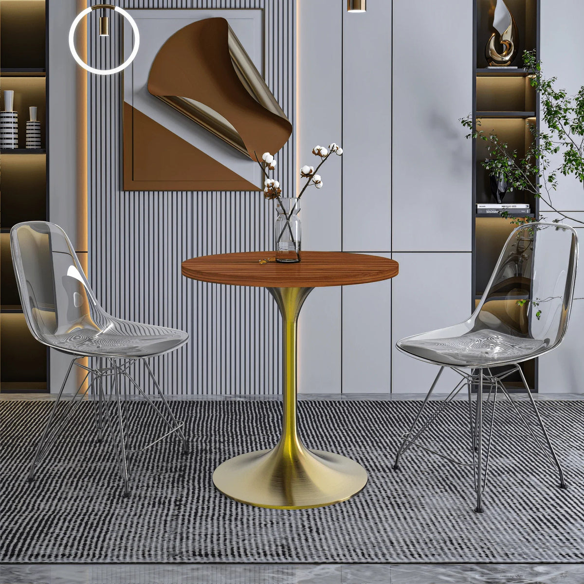 Verve Round Dining Table with MDF/Sintered Stone/Resin Tabletop in Gold Stainless Steel Pedestal Base - Elax Furniture