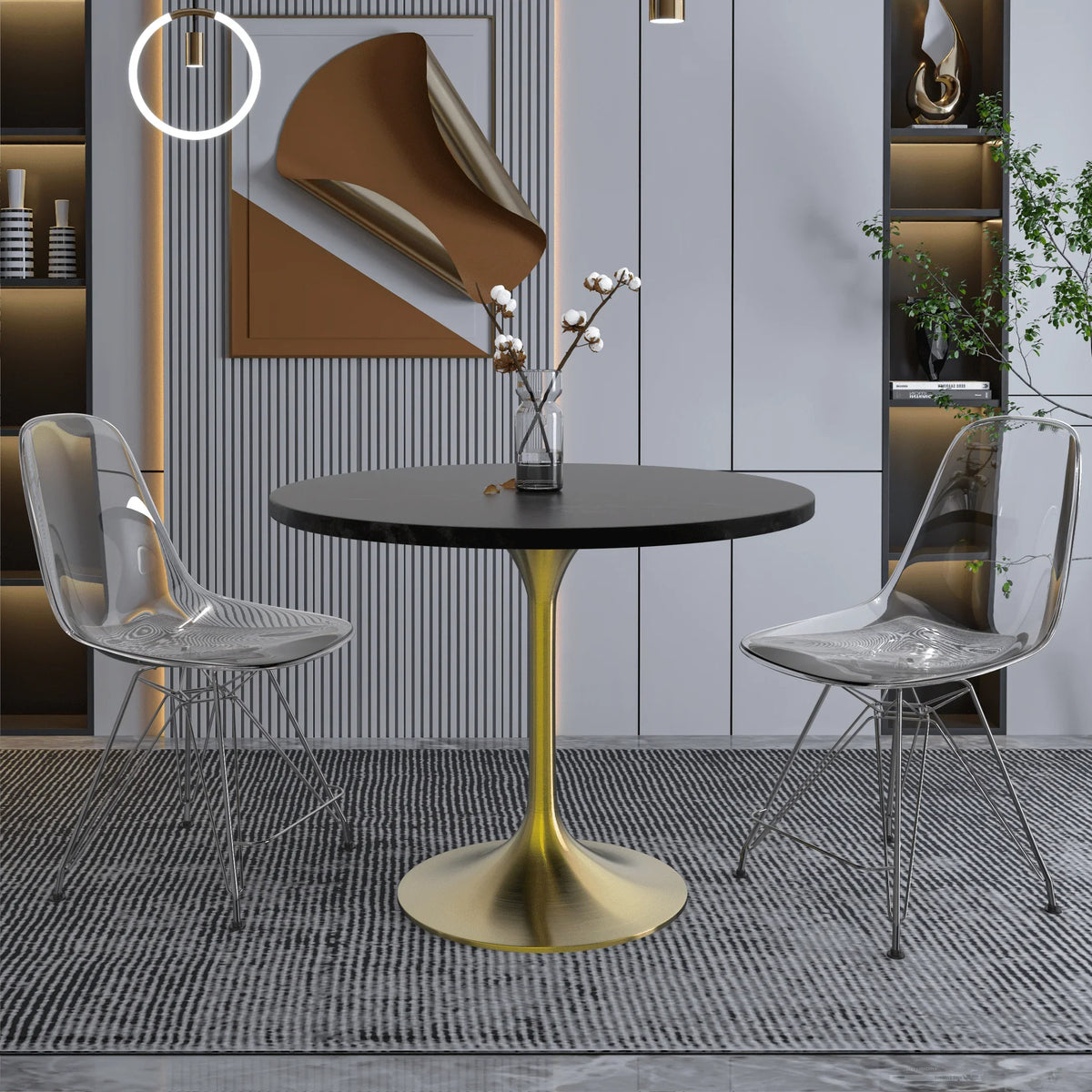 Verve Round Dining Table with MDF/Sintered Stone/Resin Tabletop in Gold Stainless Steel Pedestal Base - Elax Furniture