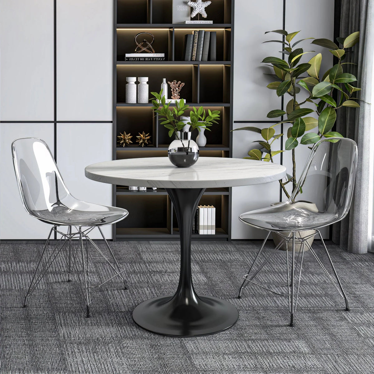 Verve Round Dining Table with MDF/Sintered Stone/Resin Tabletop in Black Stainless Steel Pedestal Base - Elax Furniture