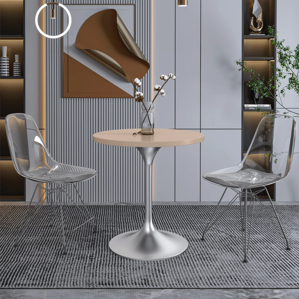 Verve Round Dining Table with MDF/Sintered Stone/Resin Tabletop in Silver Stainless Steel Pedestal Base - Elax Furniture