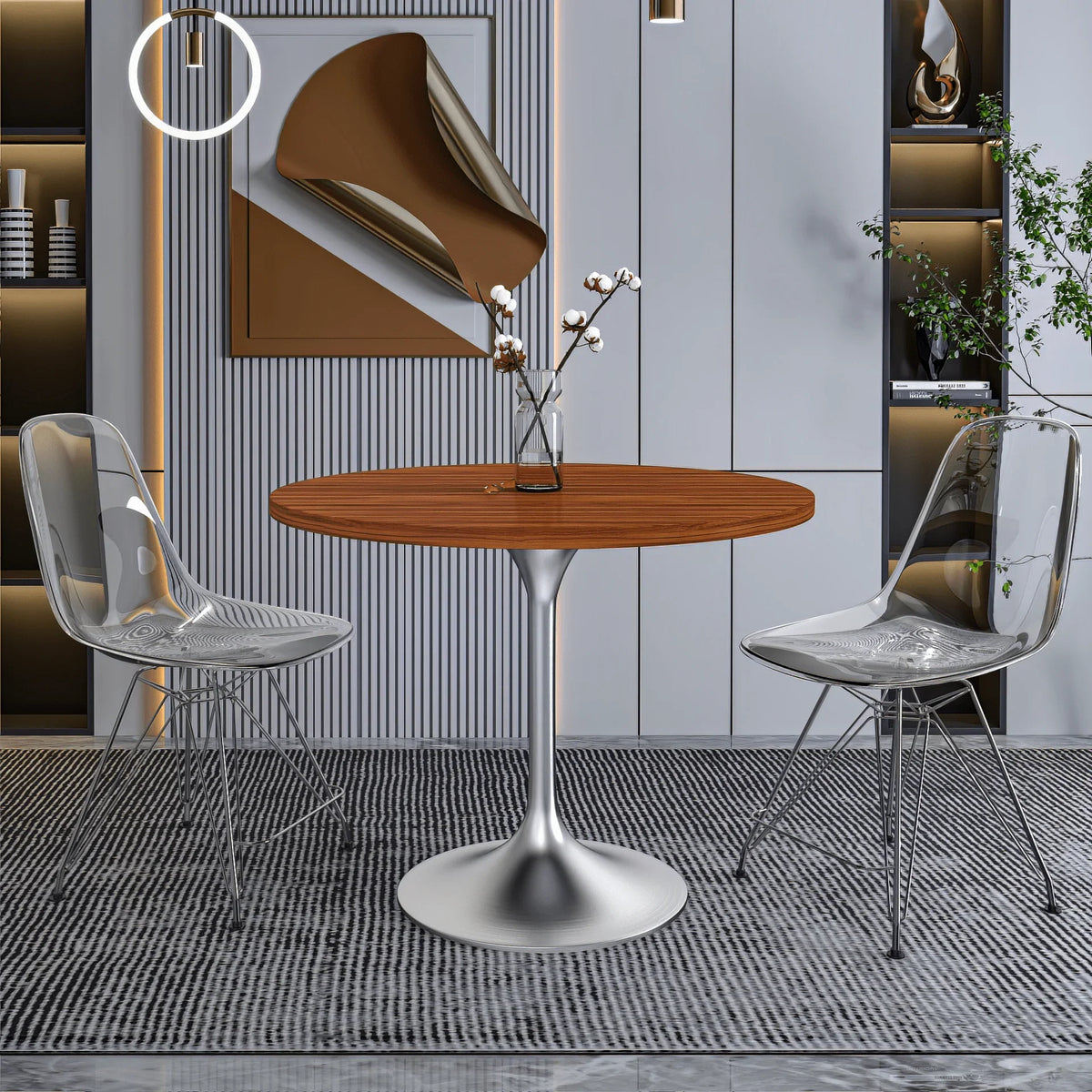 Verve Round Dining Table with MDF/Sintered Stone/Resin Tabletop in Silver Stainless Steel Pedestal Base - Elax Furniture