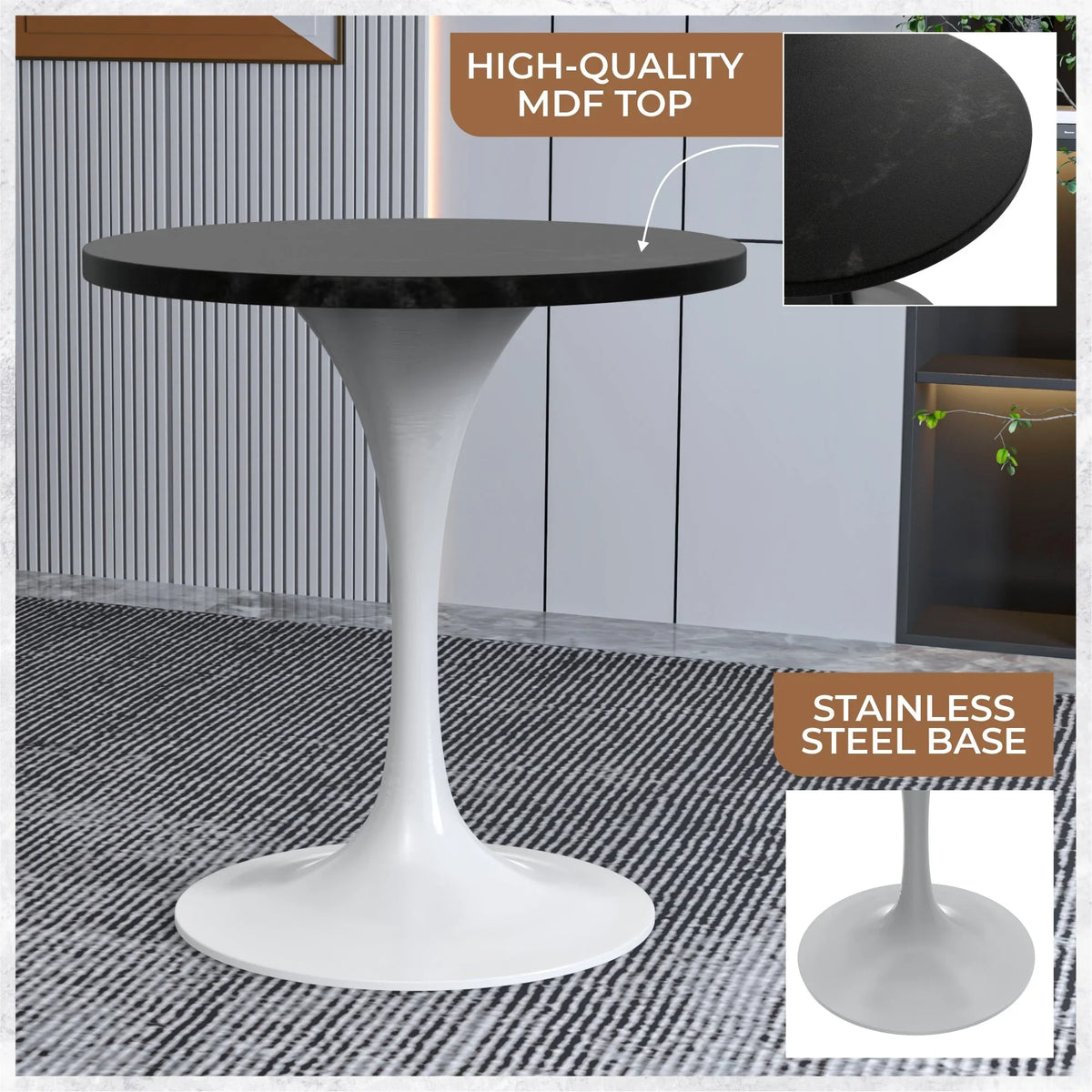 Verve Round Dining Table with MDF/Sintered Stone/Resin Tabletop in White Stainless Steel Pedestal Base - Elax Furniture