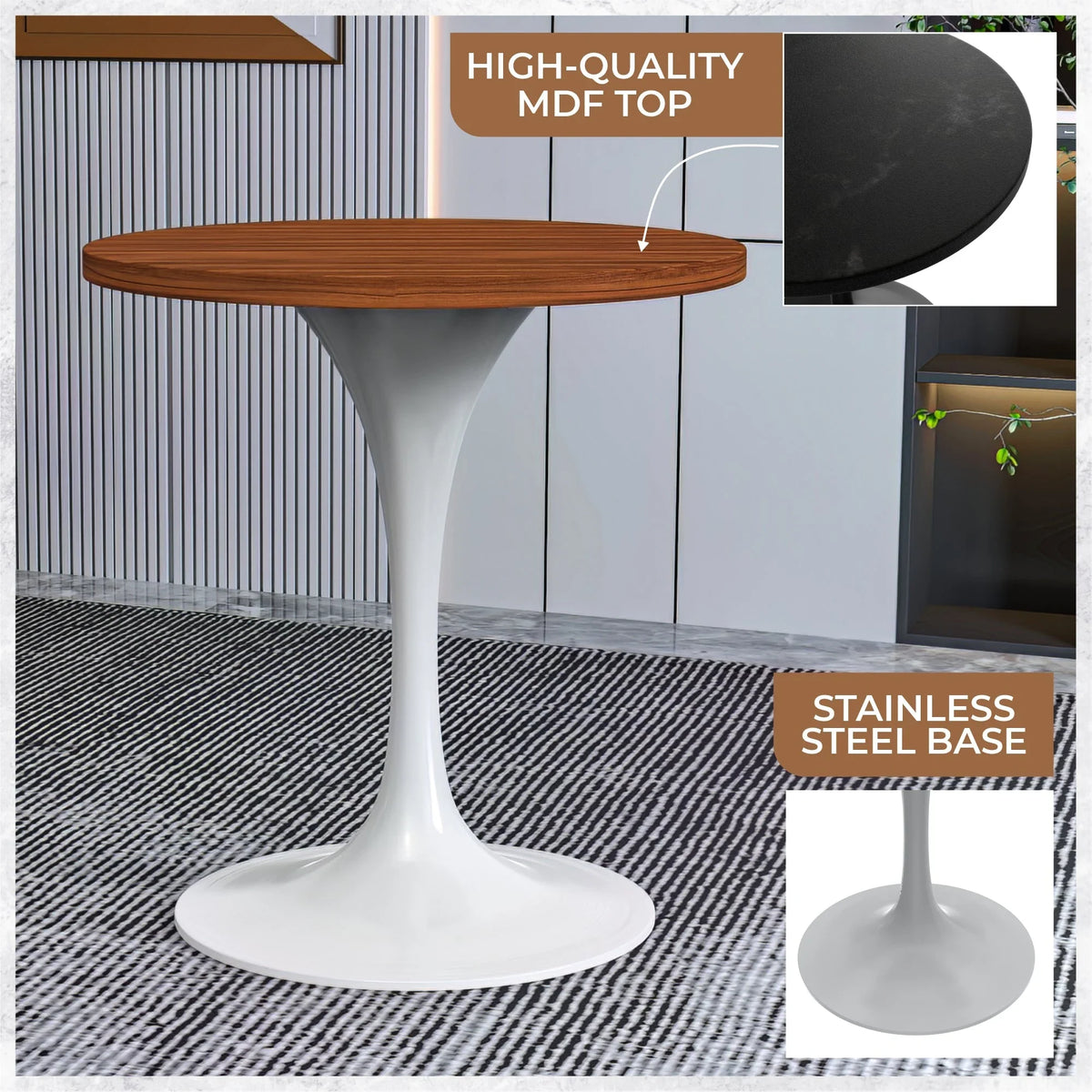 Verve Round Dining Table with MDF/Sintered Stone/Resin Tabletop in White Stainless Steel Pedestal Base - Elax Furniture