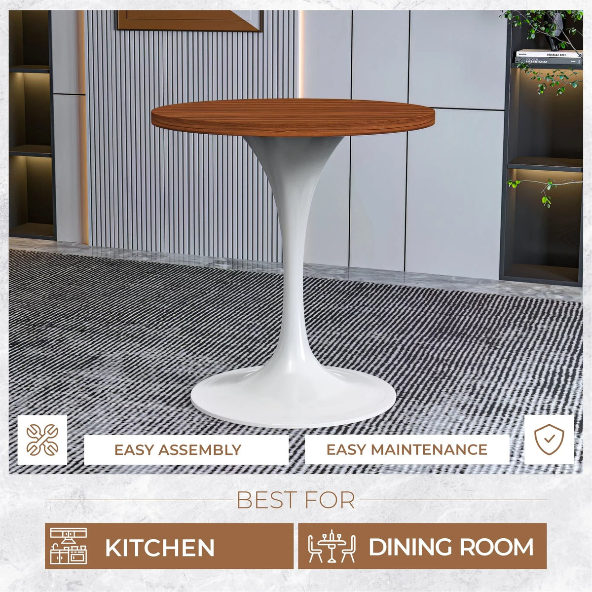Verve Round Dining Table with MDF/Sintered Stone/Resin Tabletop in White Stainless Steel Pedestal Base - Elax Furniture