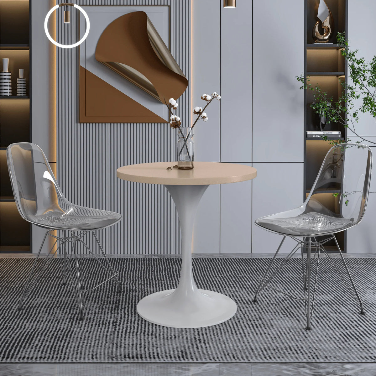 Verve Round Dining Table with MDF/Sintered Stone/Resin Tabletop in White Stainless Steel Pedestal Base - Elax Furniture