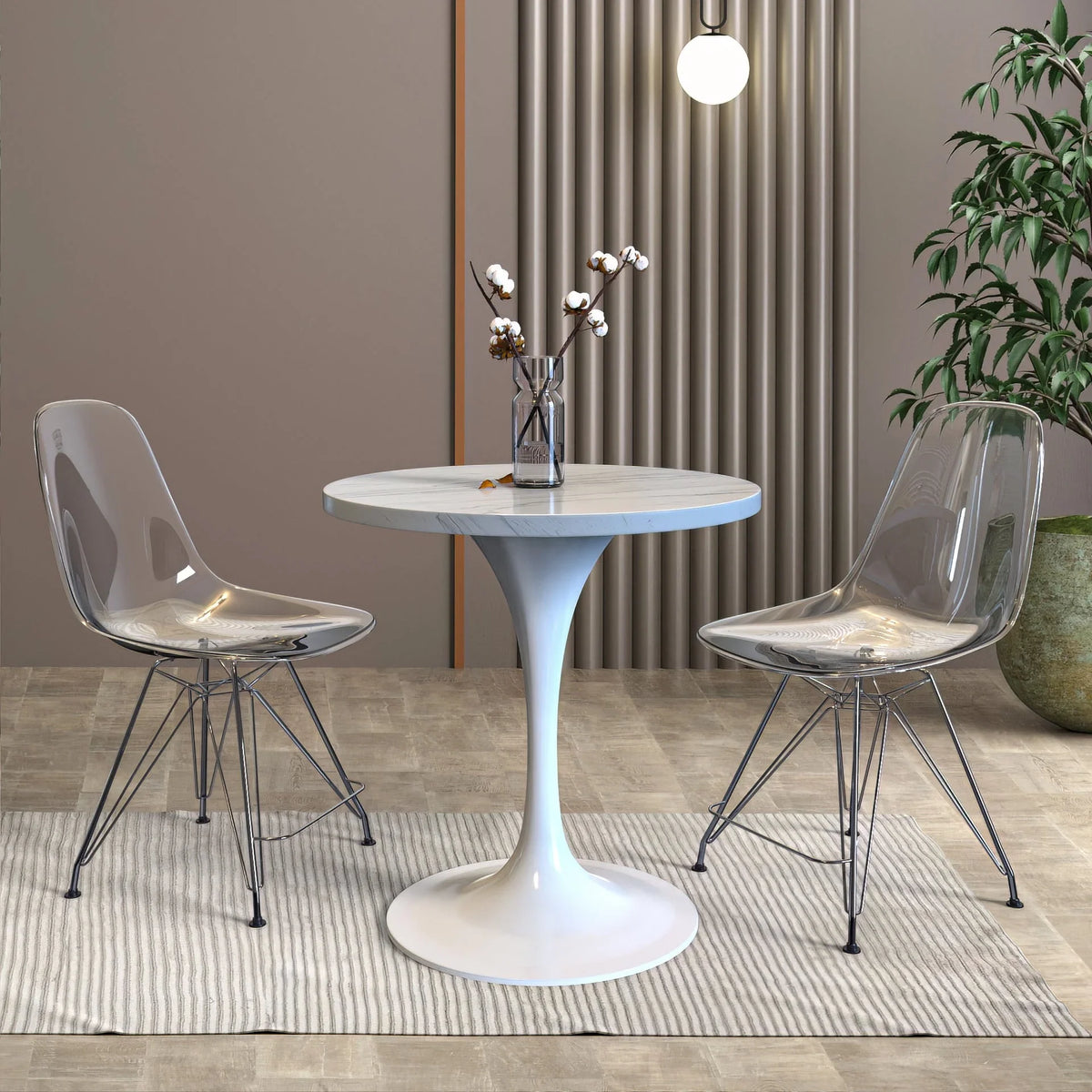Verve Round Dining Table with MDF/Sintered Stone/Resin Tabletop in White Stainless Steel Pedestal Base - Elax Furniture