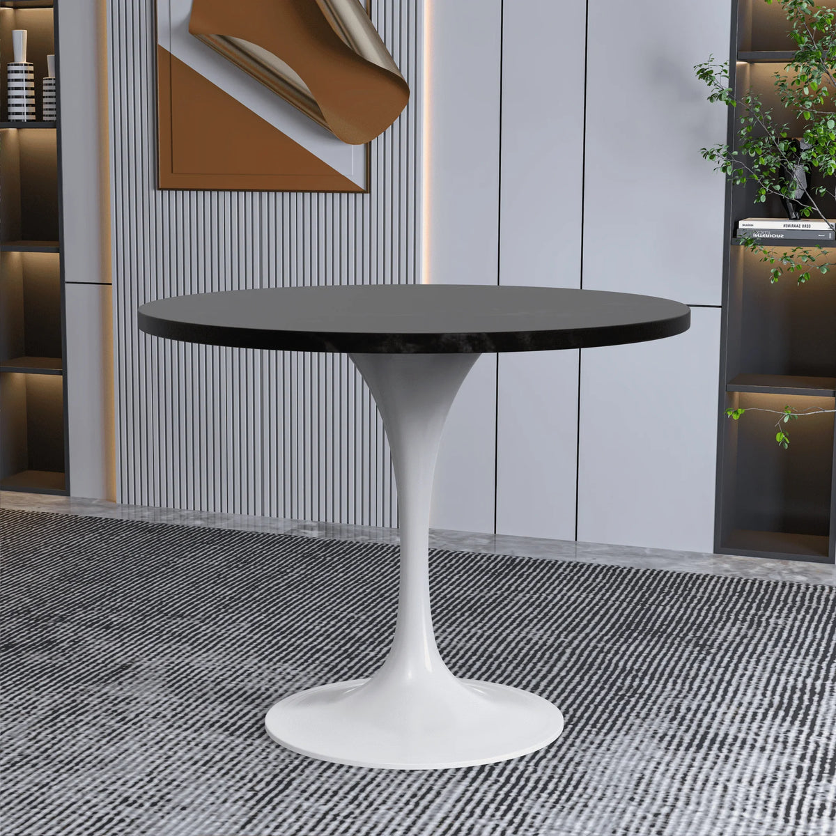 Verve Round Dining Table with MDF/Sintered Stone/Resin Tabletop in White Stainless Steel Pedestal Base - Elax Furniture