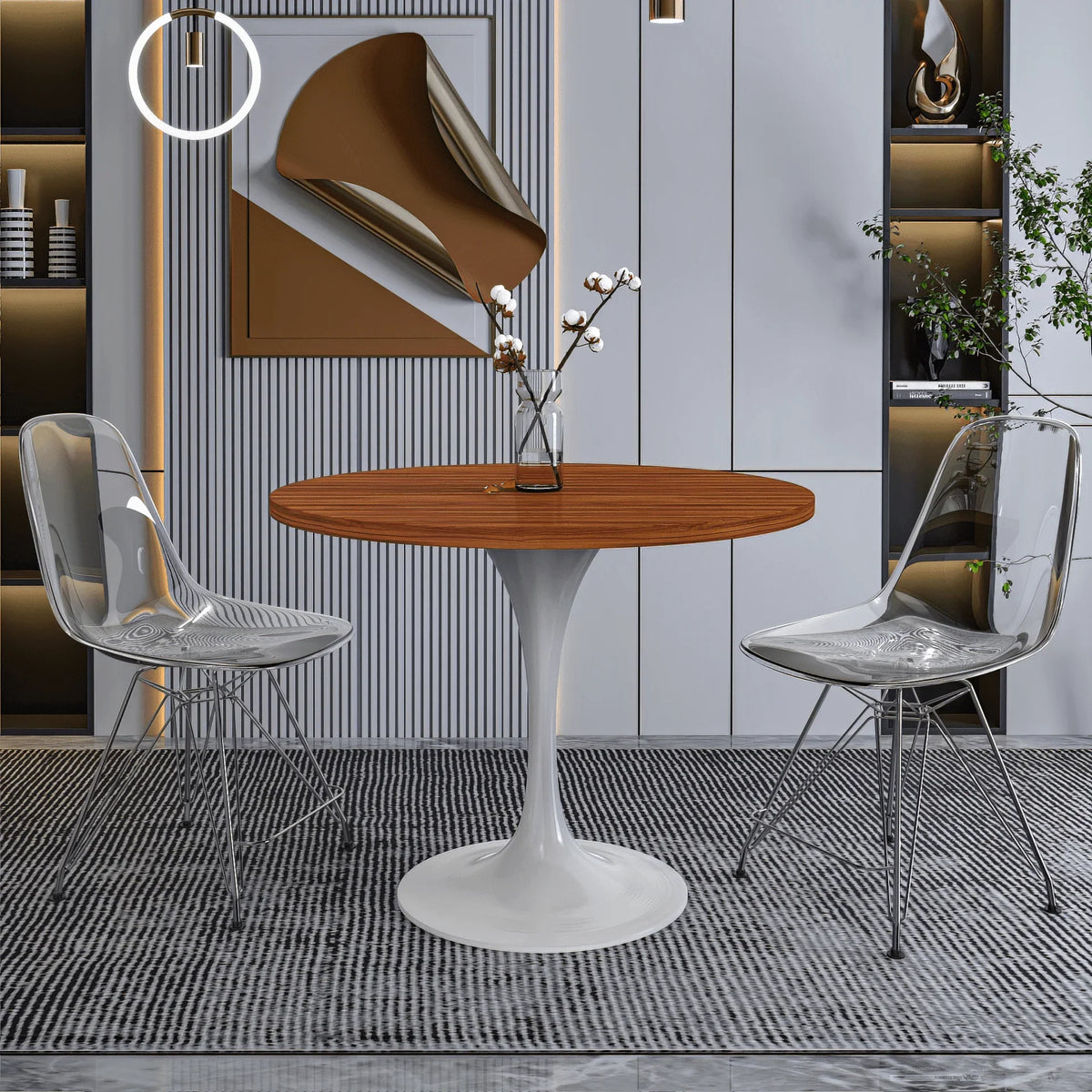Verve Round Dining Table with MDF/Sintered Stone/Resin Tabletop in White Stainless Steel Pedestal Base - Elax Furniture