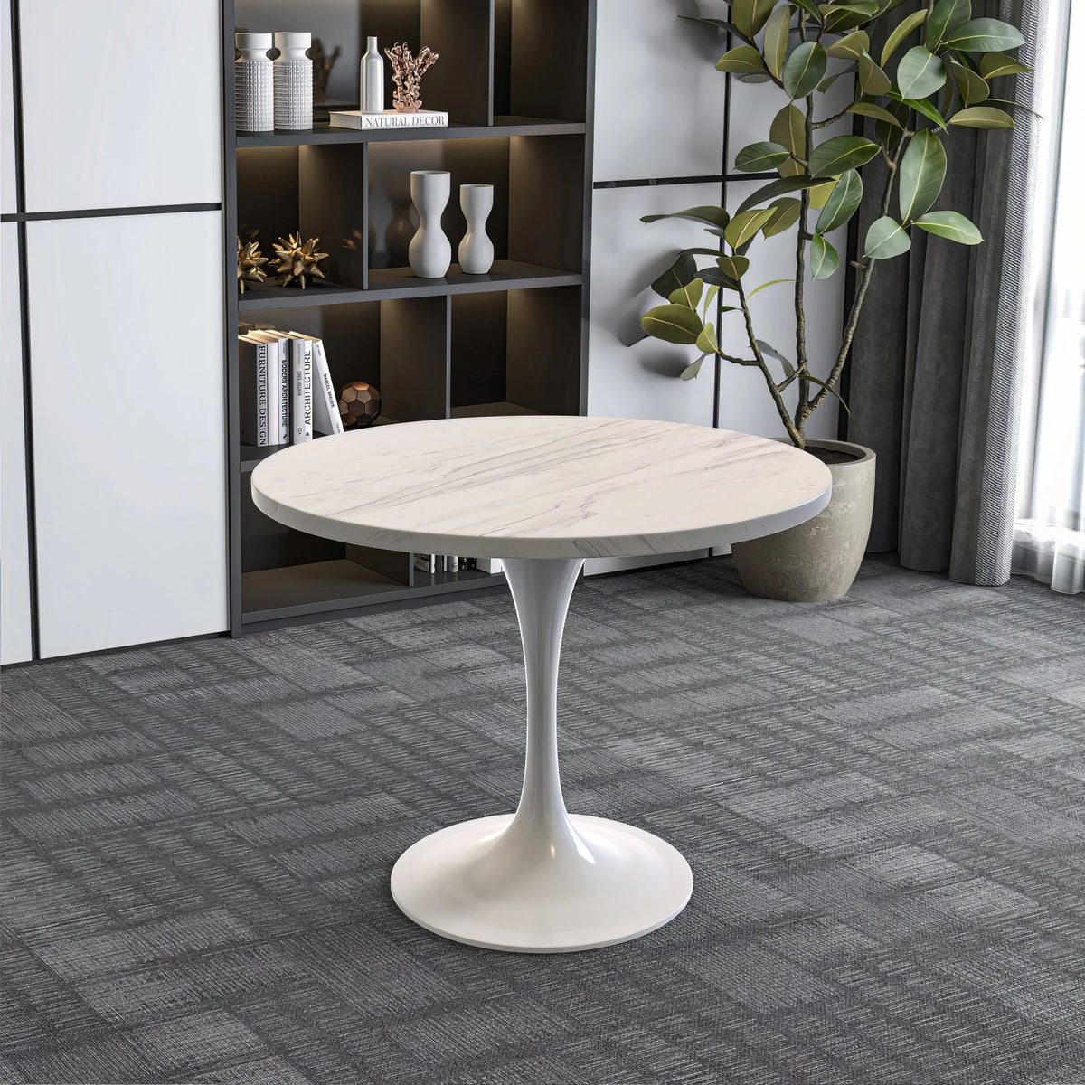 Verve Round Dining Table with MDF/Sintered Stone/Resin Tabletop in White Stainless Steel Pedestal Base - Elax Furniture