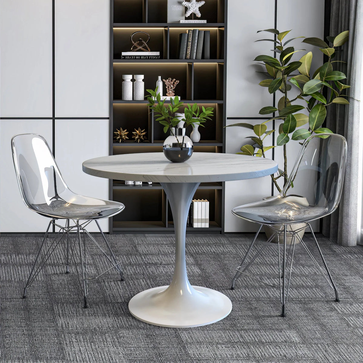 Verve Round Dining Table with MDF/Sintered Stone/Resin Tabletop in White Stainless Steel Pedestal Base - Elax Furniture