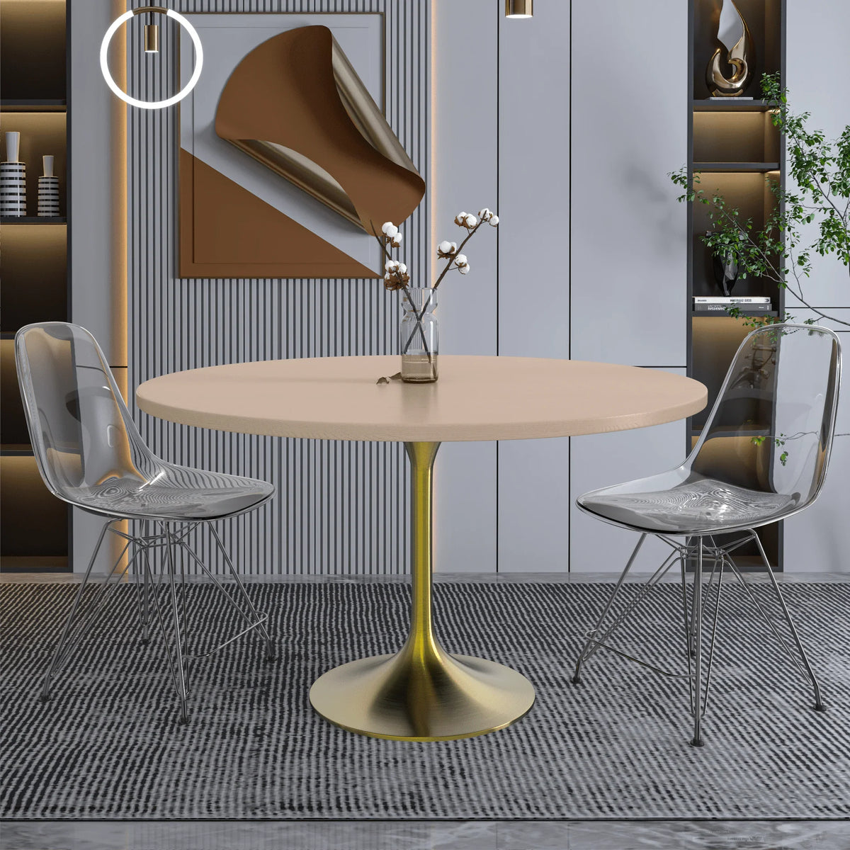 Verve Round Dining Table with MDF/Sintered Stone/Resin Tabletop in Gold Stainless Steel Pedestal Base - Elax Furniture