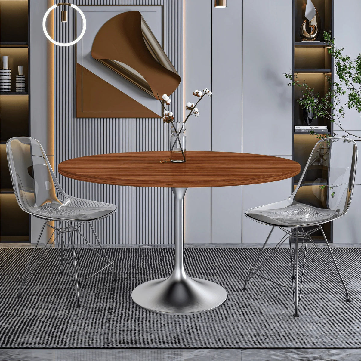 Verve Round Dining Table with MDF/Sintered Stone/Resin Tabletop in Silver Stainless Steel Pedestal Base - Elax Furniture
