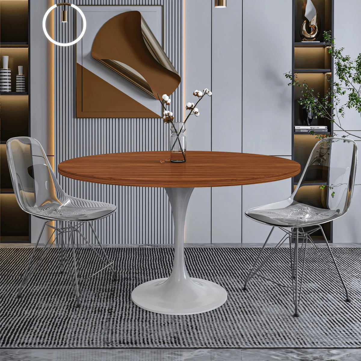 Verve Round Dining Table with MDF/Sintered Stone/Resin Tabletop in White Stainless Steel Pedestal Base - Elax Furniture