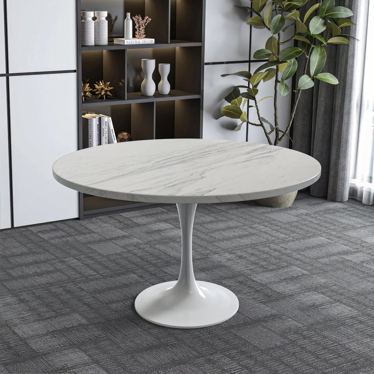 Verve Round Dining Table with MDF/Sintered Stone/Resin Tabletop in White Stainless Steel Pedestal Base - Elax Furniture