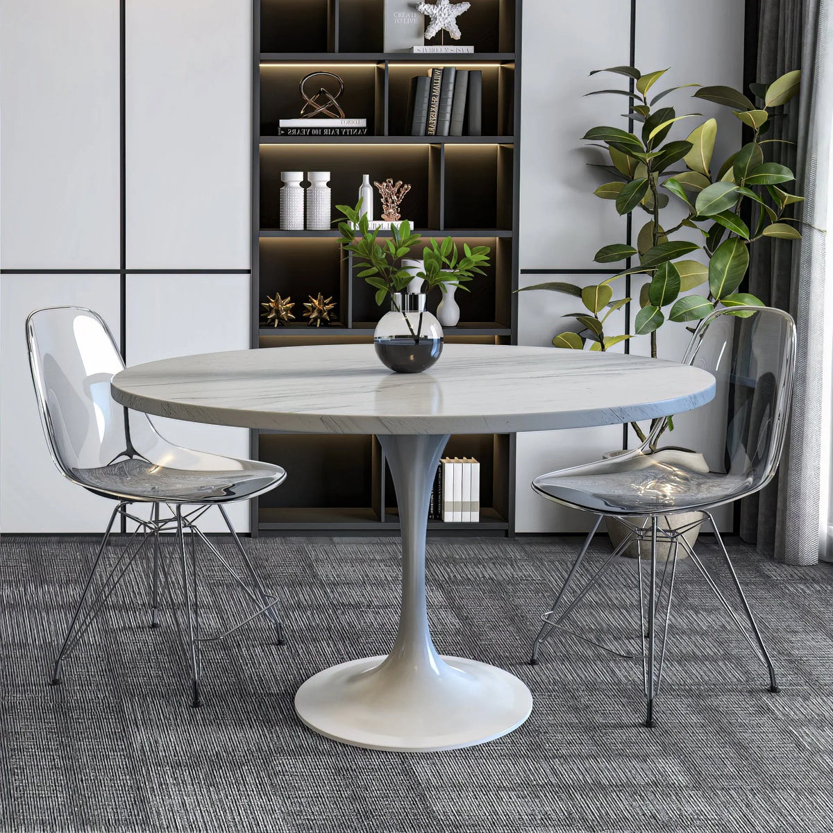 Verve Round Dining Table with MDF/Sintered Stone/Resin Tabletop in White Stainless Steel Pedestal Base - Elax Furniture