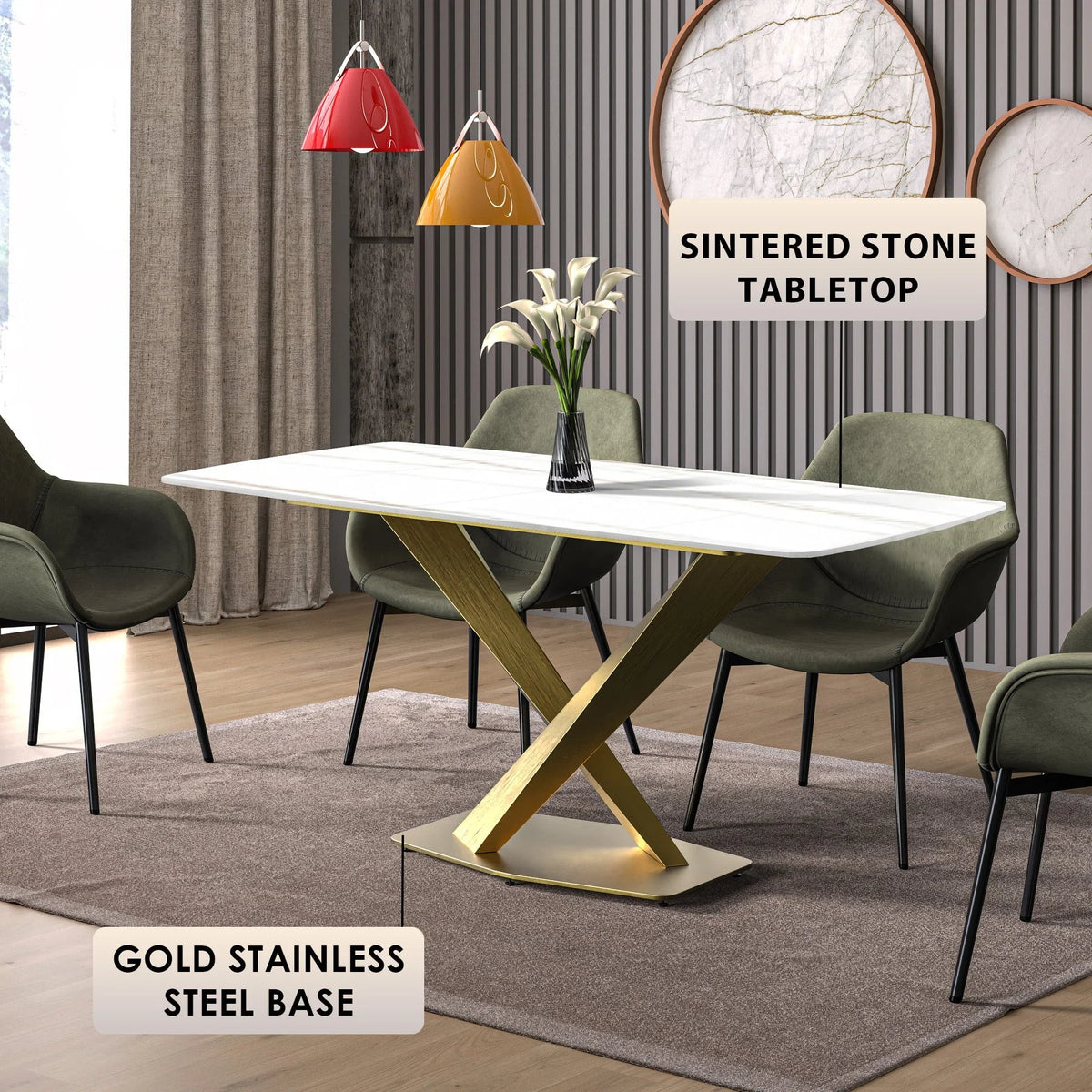 Voren Dining Table with Rectangular Tabletop with Gold/Black Stainless Steel Base - Elax Furniture