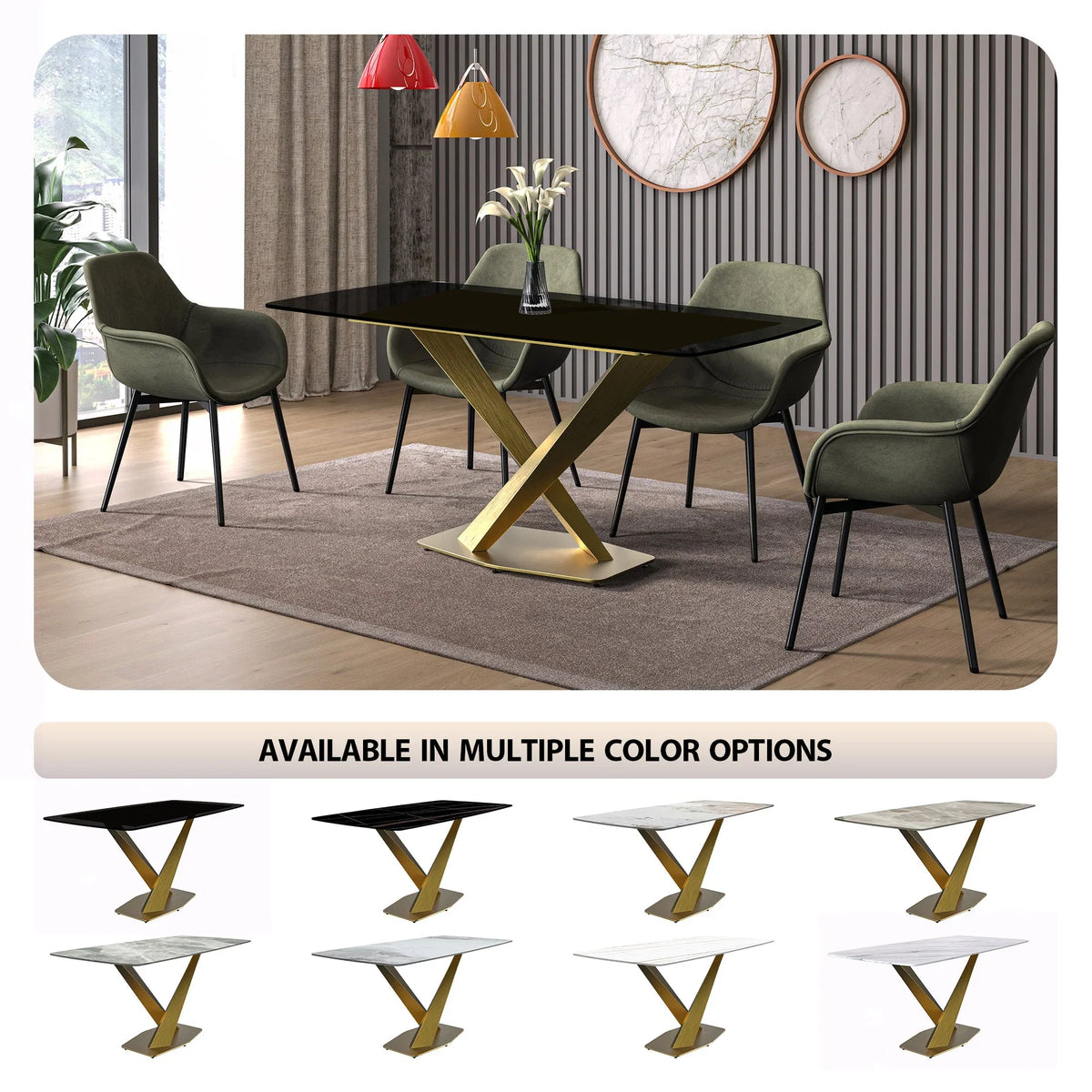 Voren Dining Table with Rectangular Tabletop with Gold/Black Stainless Steel Base - Elax Furniture