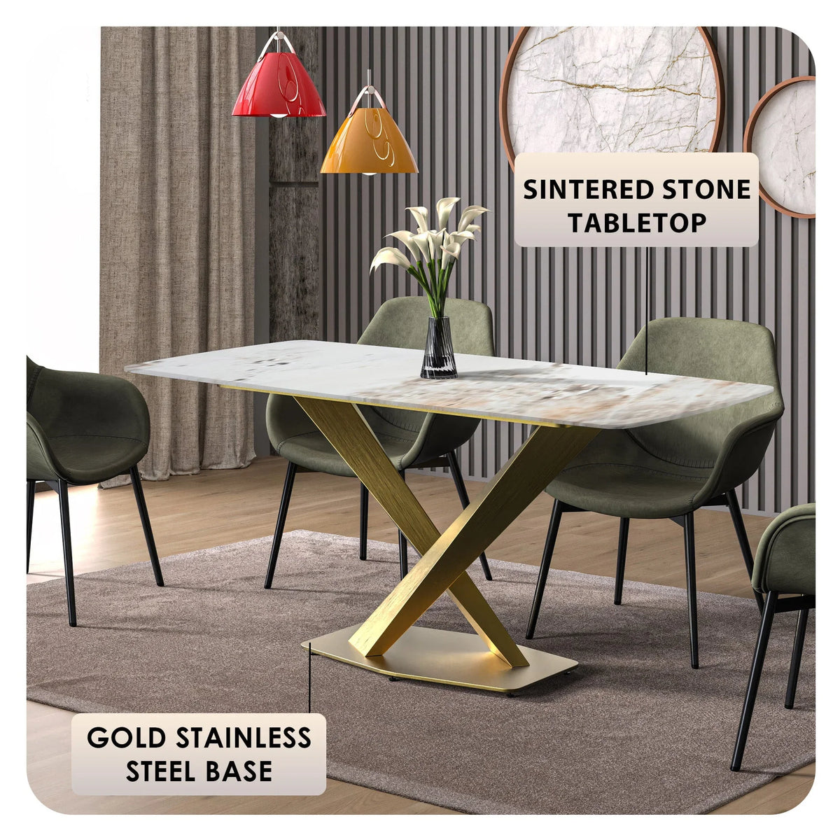 Voren Dining Table with Rectangular Tabletop with Gold/Black Stainless Steel Base - Elax Furniture