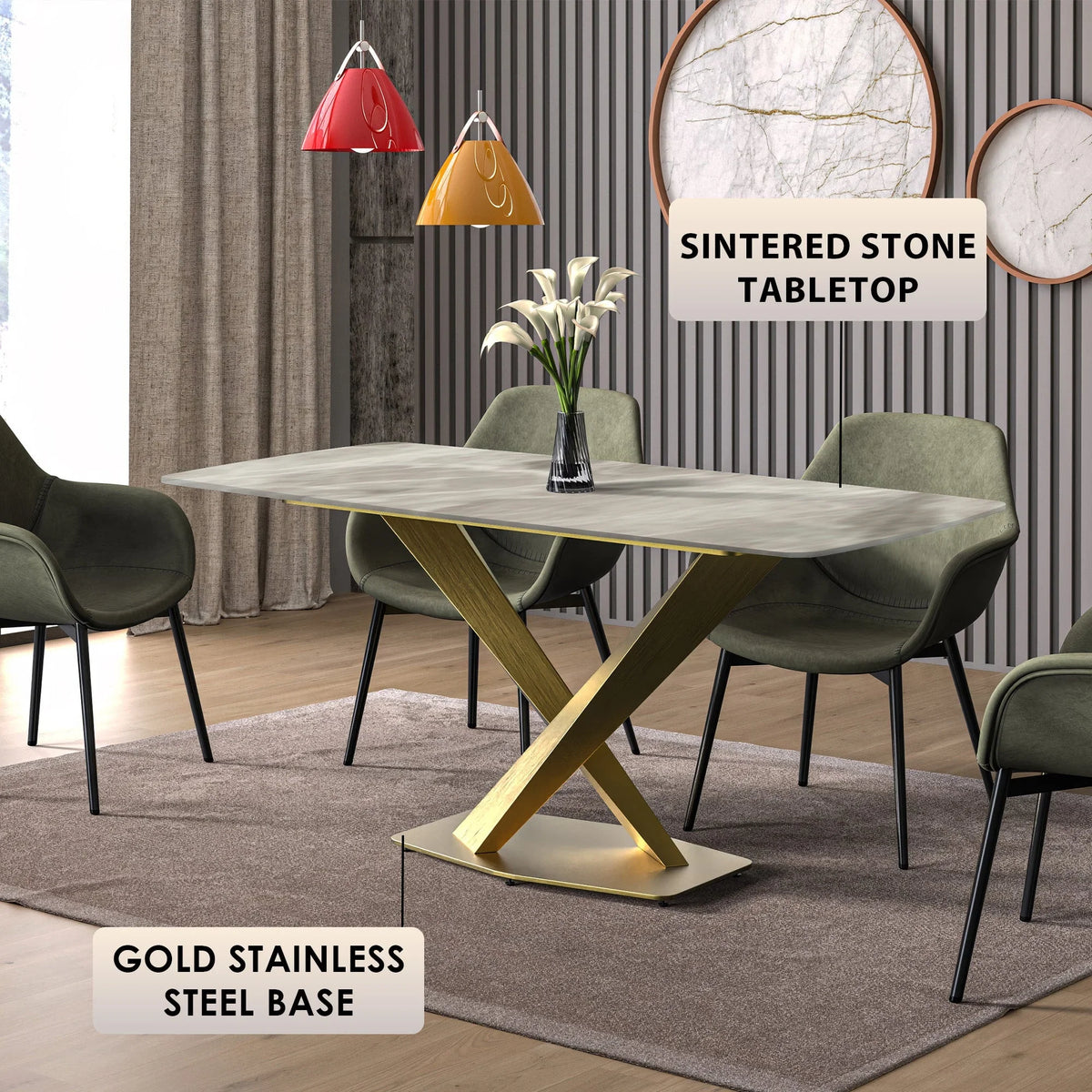 Voren Dining Table with Rectangular Tabletop with Gold/Black Stainless Steel Base - Elax Furniture