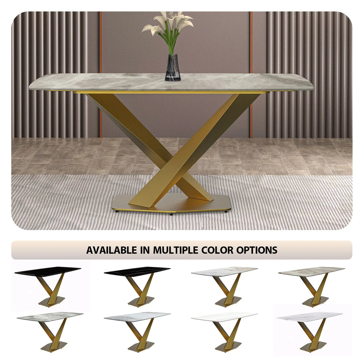 Voren Dining Table with Rectangular Tabletop with Gold/Black Stainless Steel Base - Elax Furniture