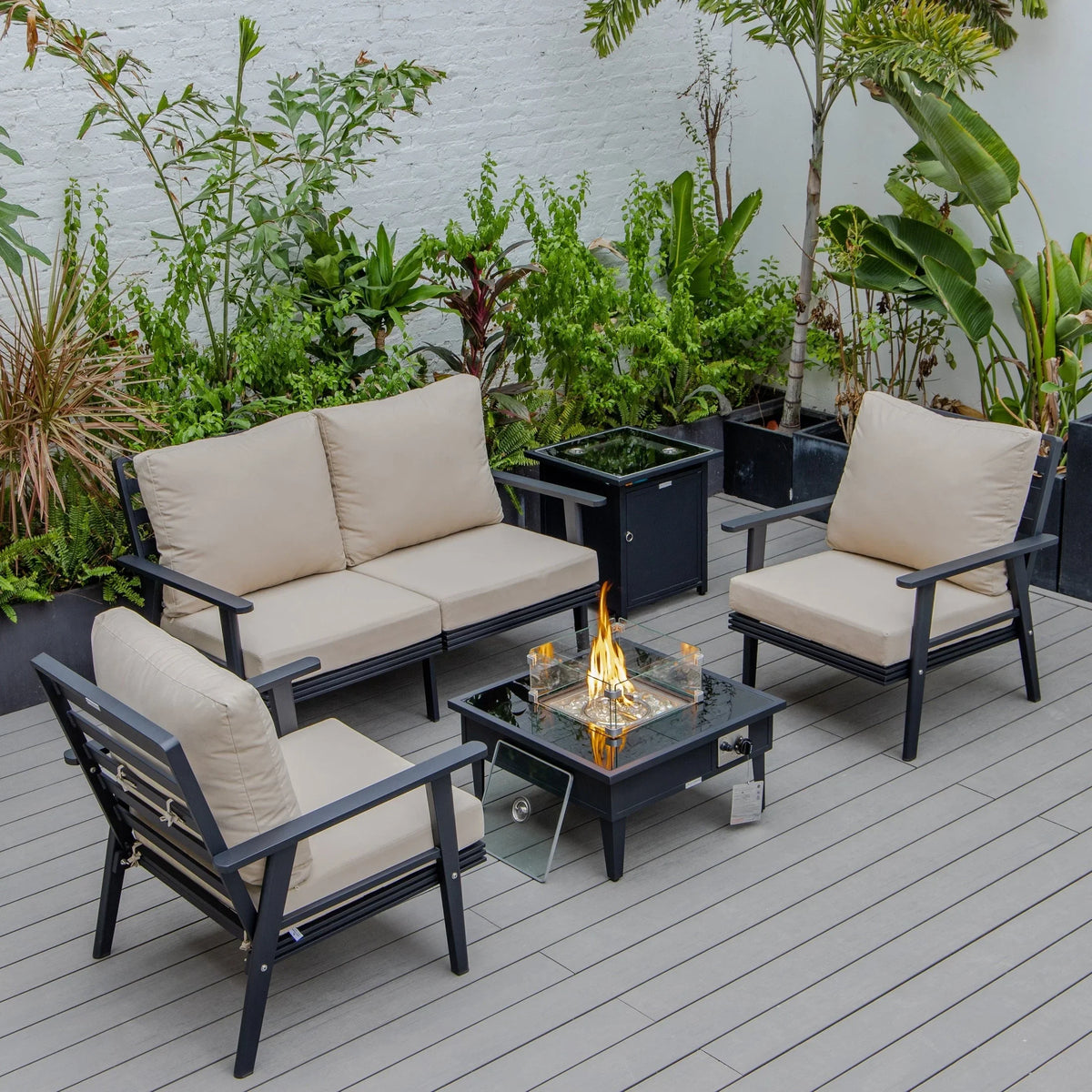 Walbrooke Aluminum Patio Conversation With Fire Pit Table & Tank Holder - Elax Furniture