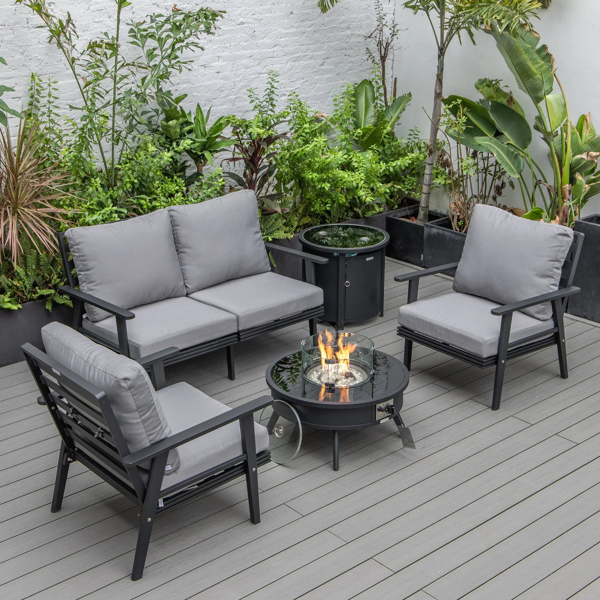 Walbrooke Aluminum Patio Conversation With Fire Pit Table & Tank Holder - Elax Furniture