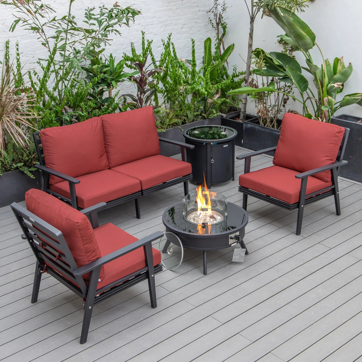 Walbrooke Aluminum Patio Conversation With Fire Pit Table & Tank Holder - Elax Furniture
