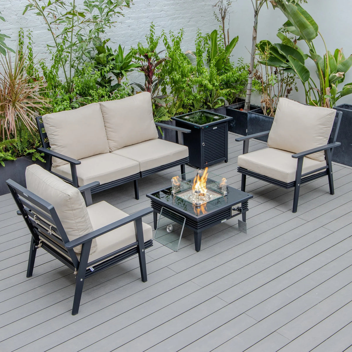 Walbrooke Aluminum Patio Conversation With Slats Design Fire Pit Table & Tank Holder - Elax Furniture