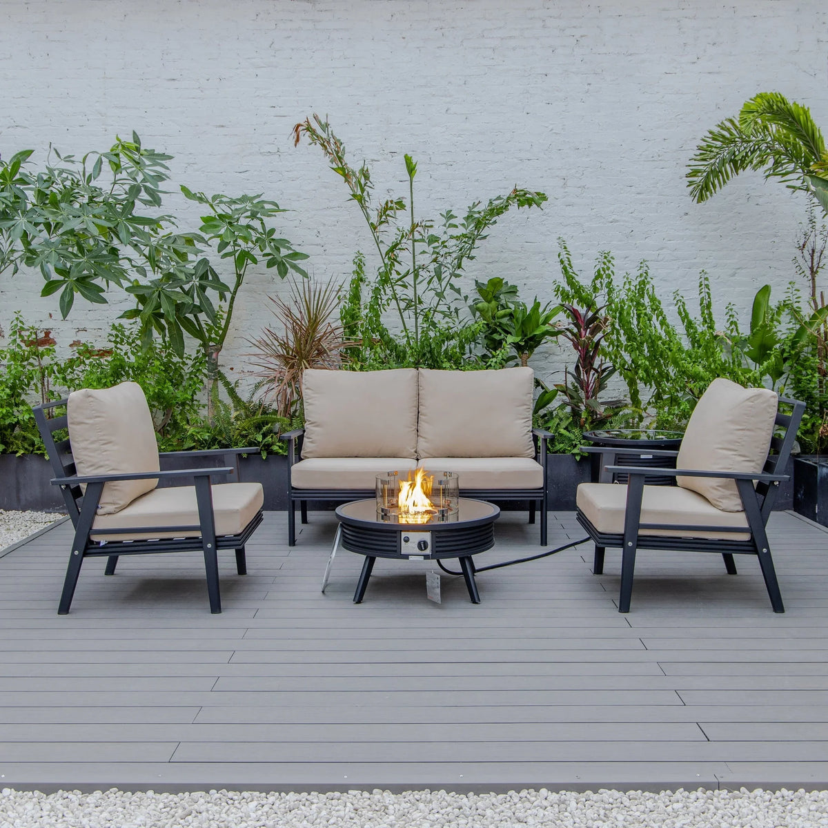 Walbrooke Aluminum Patio Conversation With Slats Design Fire Pit Table & Tank Holder - Elax Furniture
