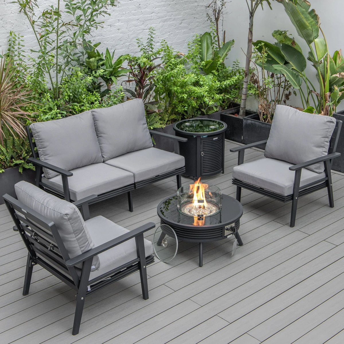 Walbrooke Aluminum Patio Conversation With Slats Design Fire Pit Table & Tank Holder - Elax Furniture