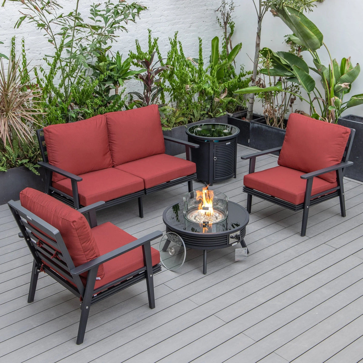 Walbrooke Aluminum Patio Conversation With Slats Design Fire Pit Table & Tank Holder - Elax Furniture