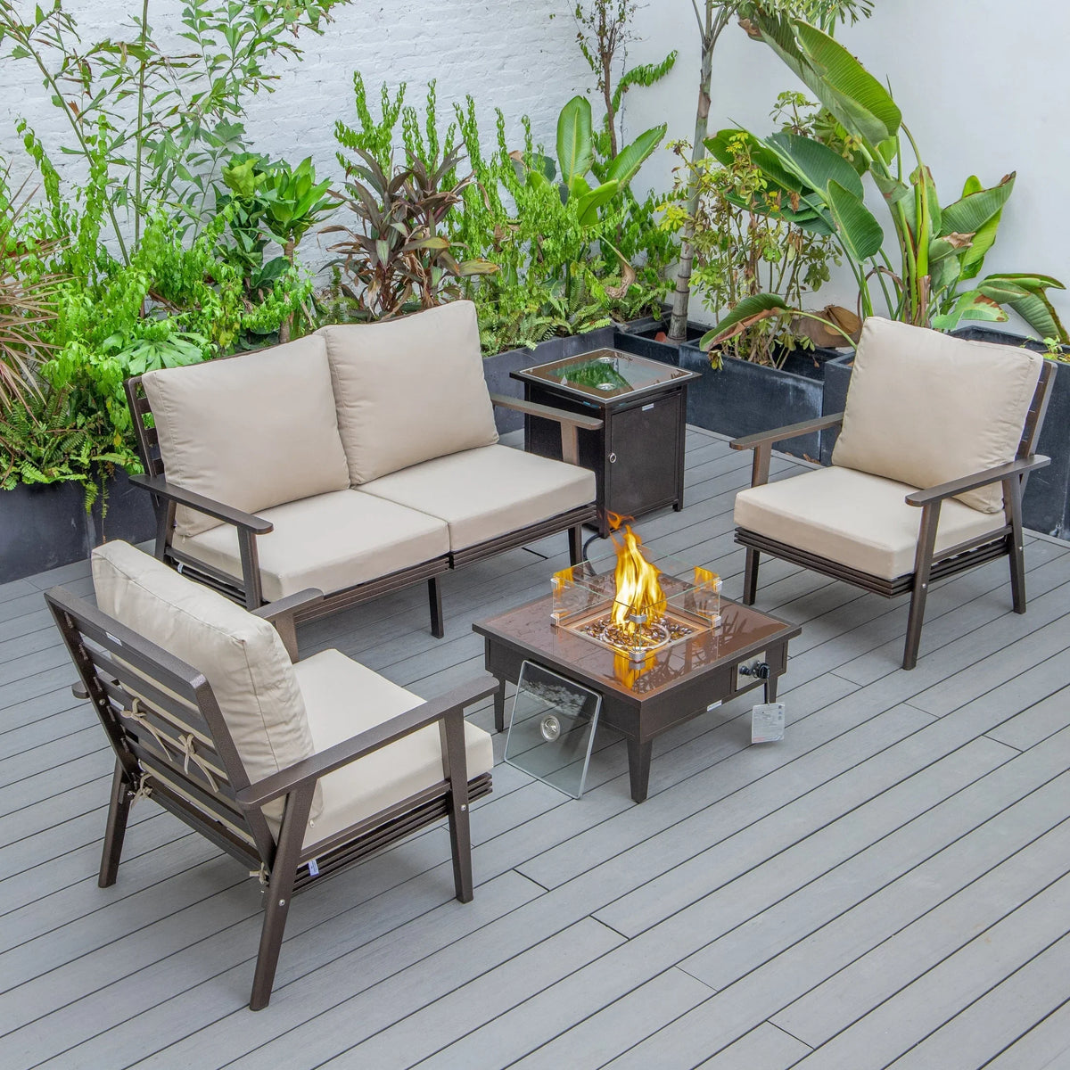 Walbrooke Aluminum Patio Conversation With Fire Pit Table & Tank Holder - Elax Furniture