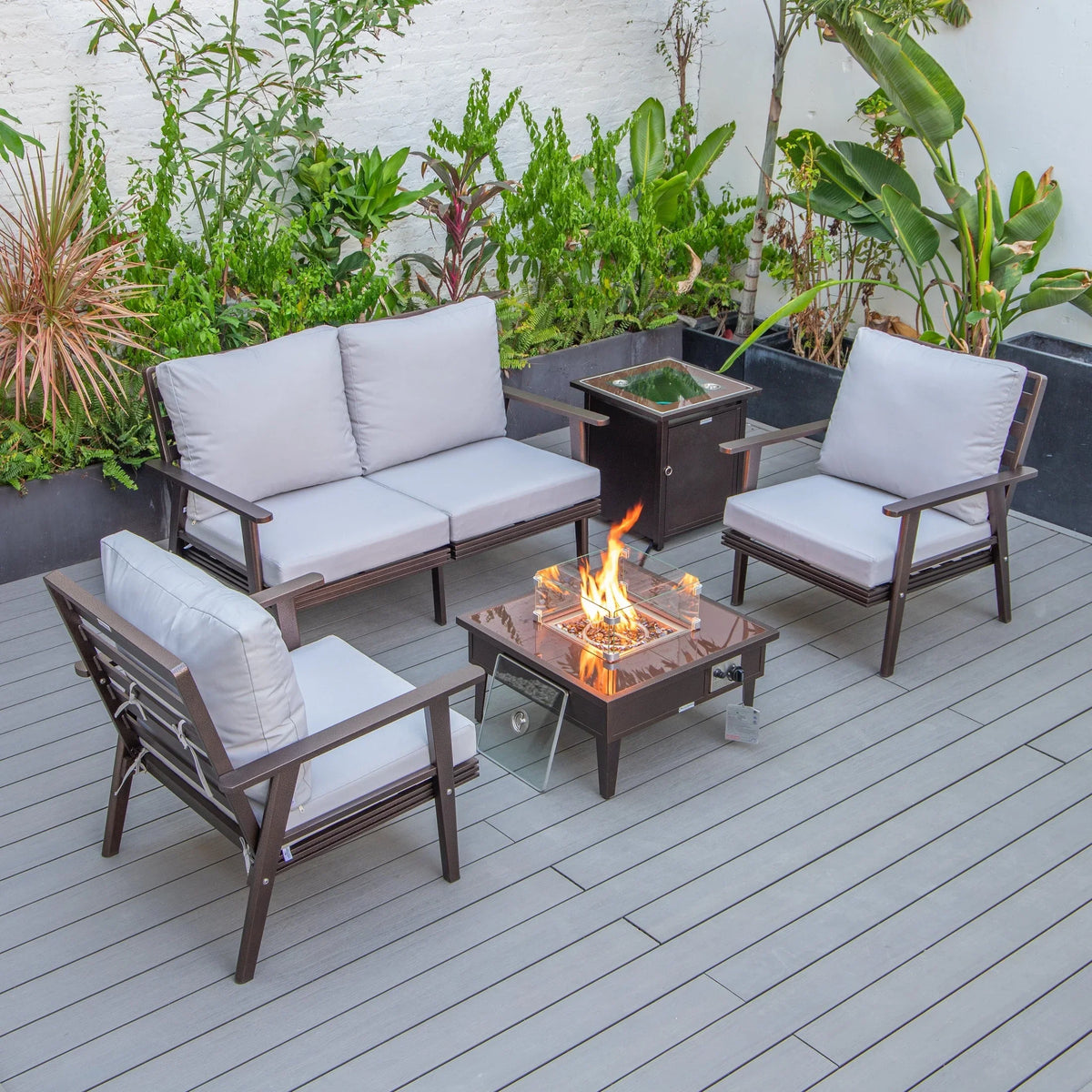 Walbrooke Aluminum Patio Conversation With Fire Pit Table & Tank Holder - Elax Furniture