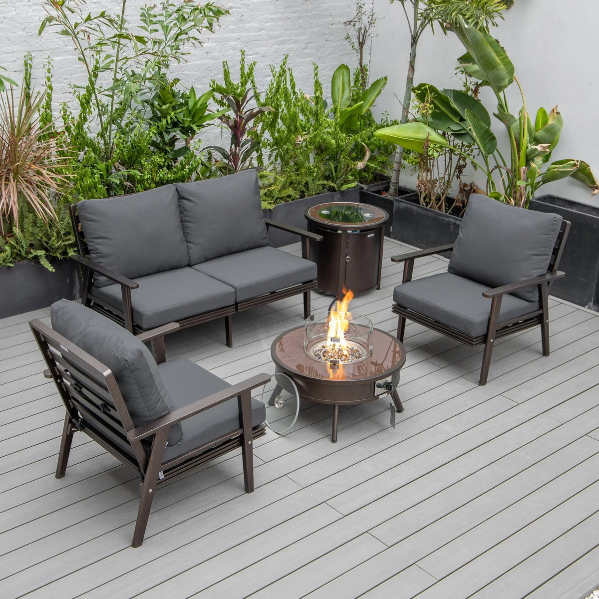 Walbrooke Aluminum Patio Conversation With Fire Pit Table & Tank Holder - Elax Furniture