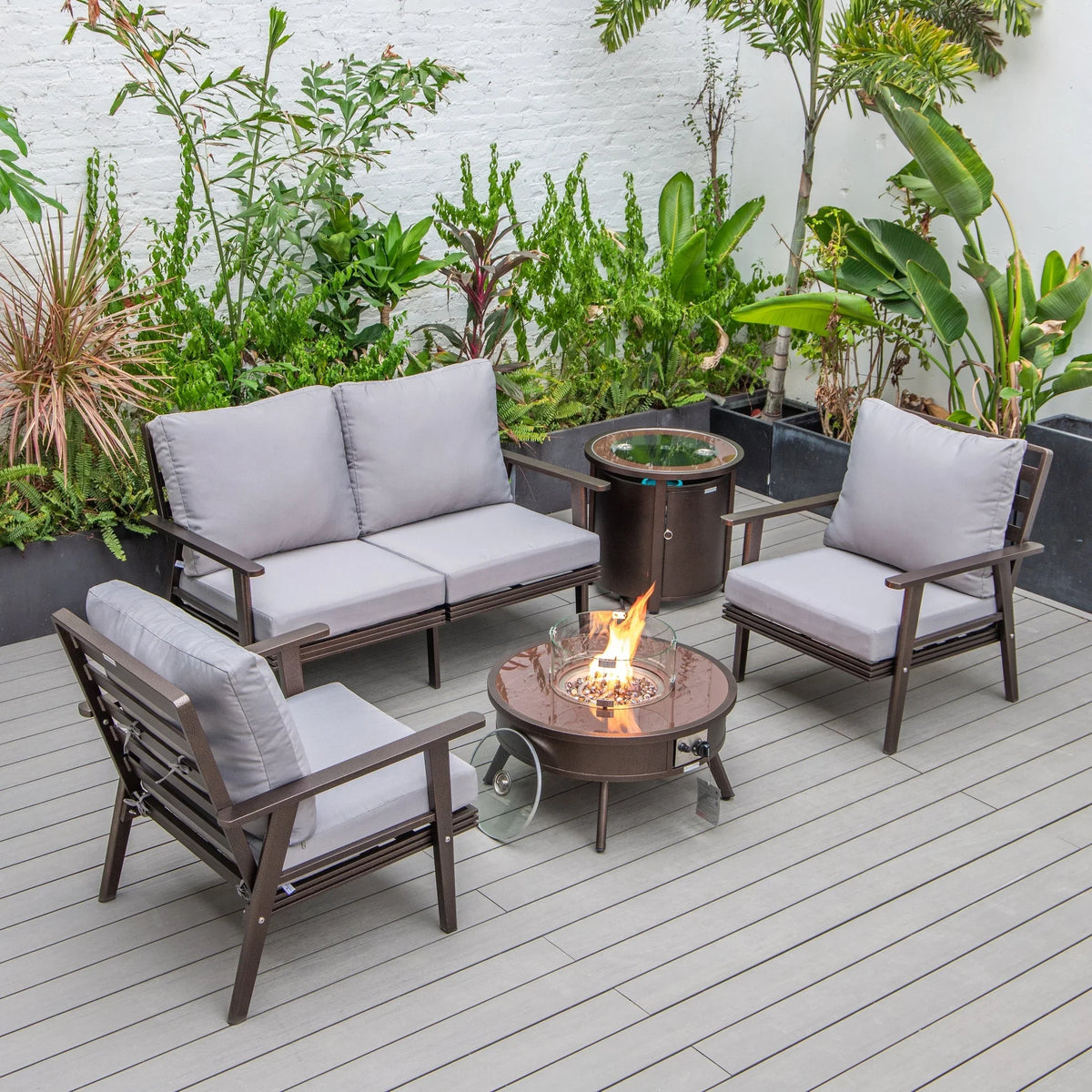 Walbrooke Aluminum Patio Conversation With Fire Pit Table & Tank Holder - Elax Furniture