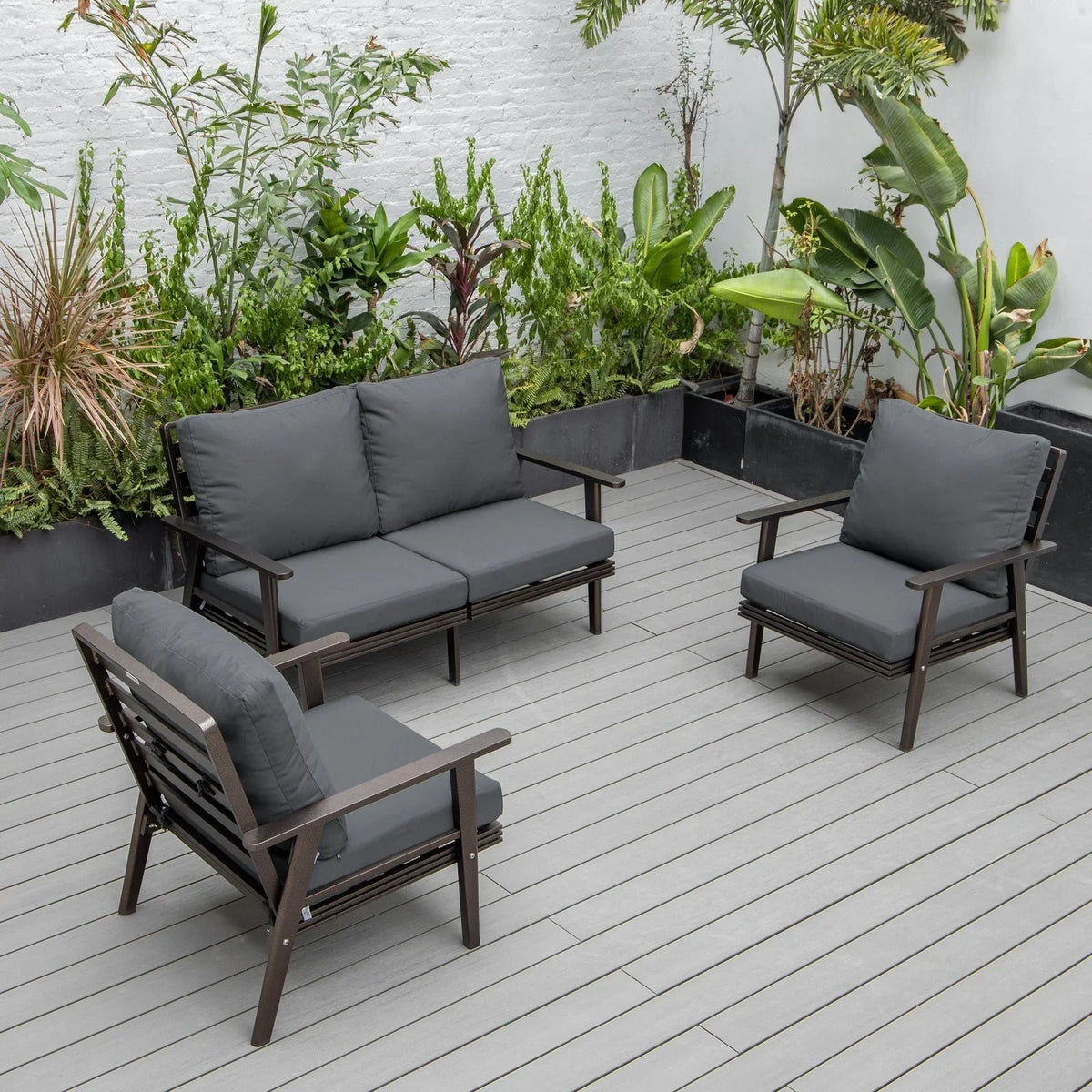Walbrooke Modern 3-Piece Outdoor Patio Set with Brown Aluminum Frame and Removable Cushions Loveseat and Set of 2 Armchairs - Elax Furniture