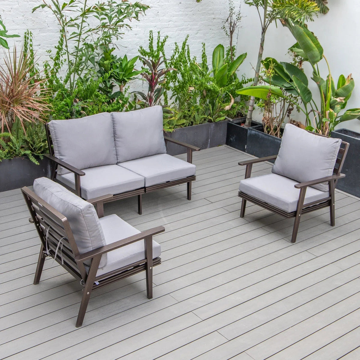 Walbrooke Modern 3-Piece Outdoor Patio Set with Brown Aluminum Frame and Removable Cushions Loveseat and Set of 2 Armchairs - Elax Furniture