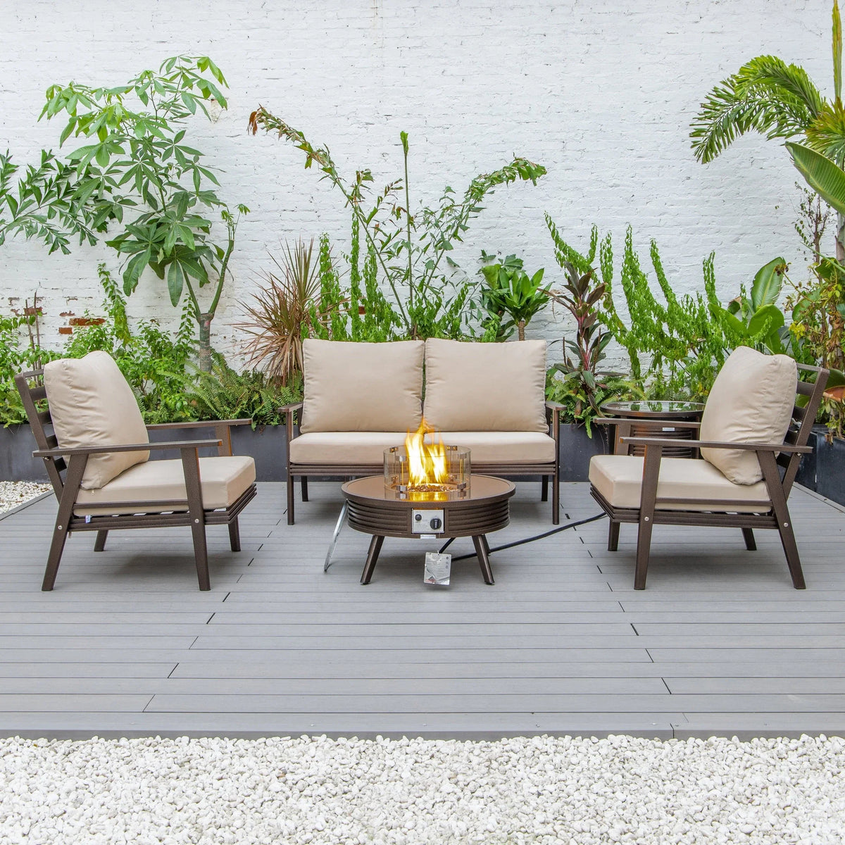 Walbrooke Aluminum Patio Conversation With Slats Design Fire Pit Table & Tank Holder - Elax Furniture