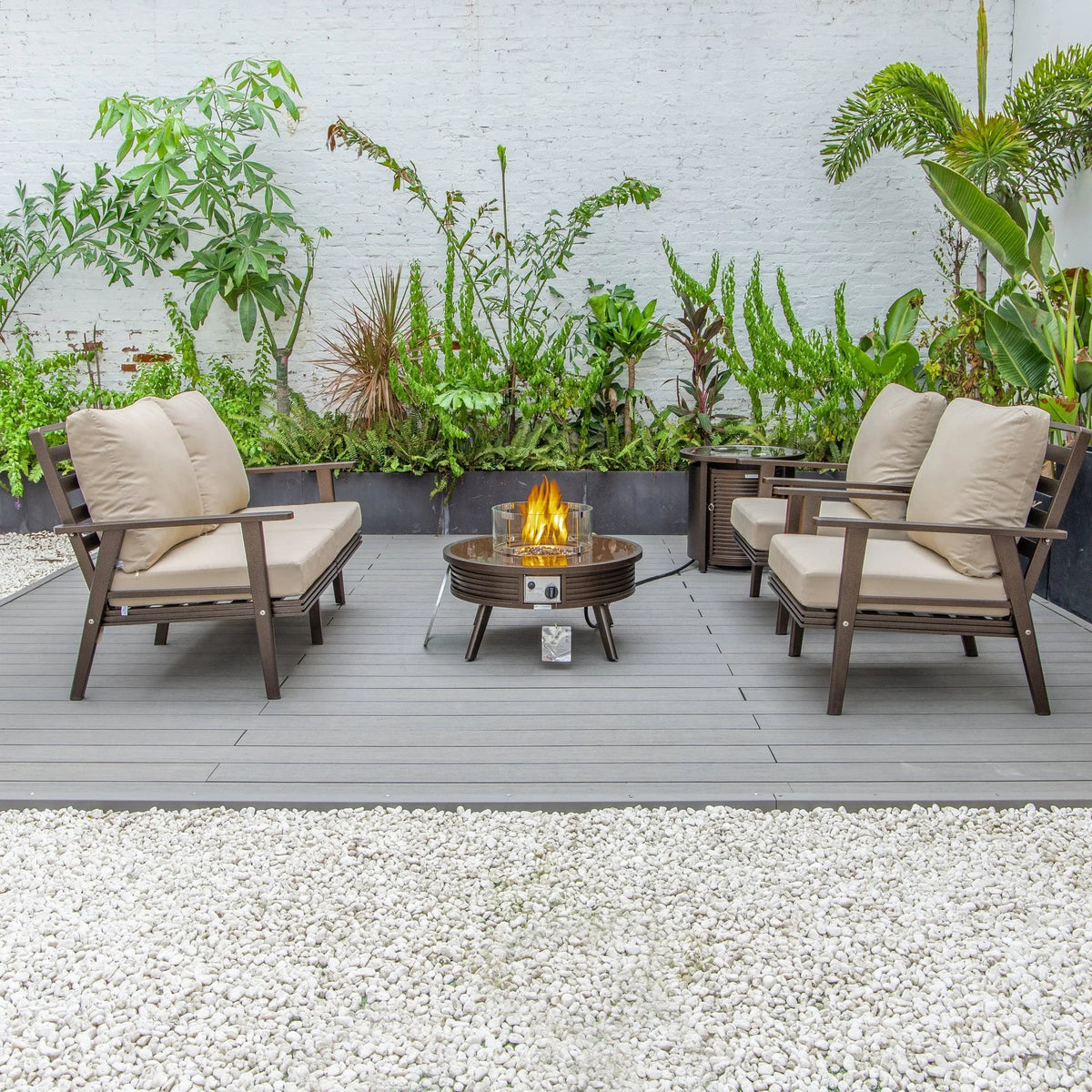 Walbrooke Aluminum Patio Conversation With Slats Design Fire Pit Table & Tank Holder - Elax Furniture