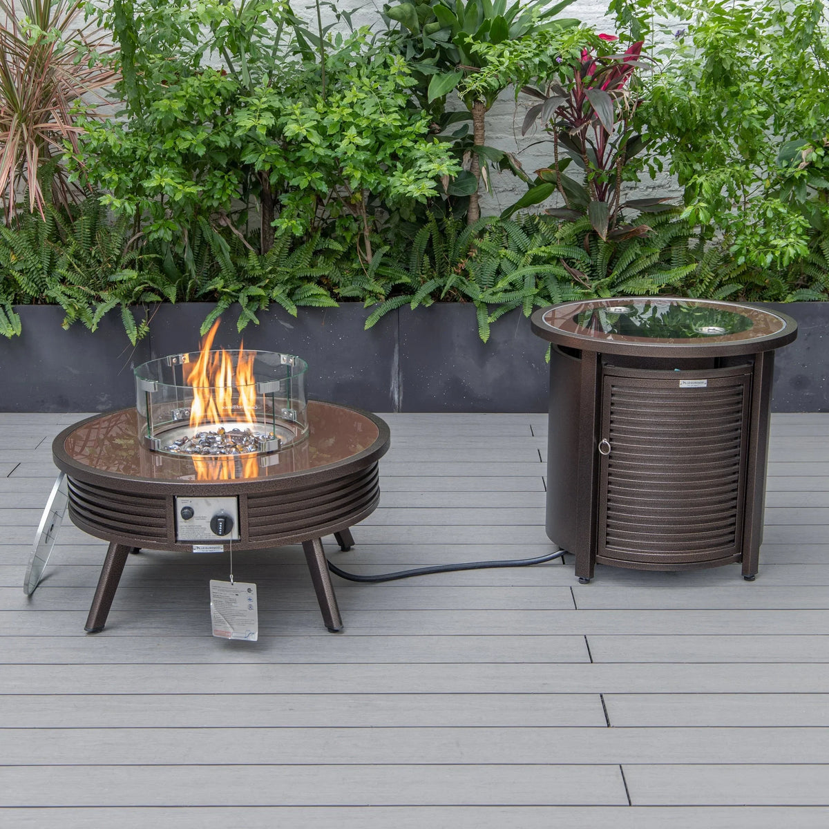 Walbrooke Aluminum Patio Conversation With Slats Design Fire Pit Table & Tank Holder - Elax Furniture
