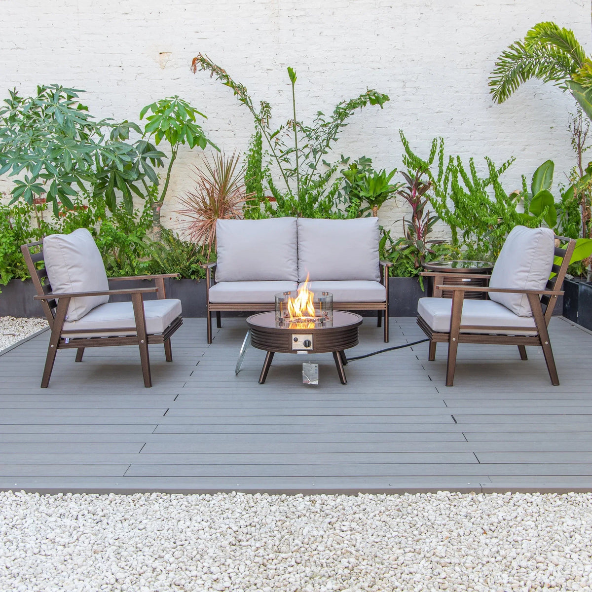 Walbrooke Aluminum Patio Conversation With Slats Design Fire Pit Table & Tank Holder - Elax Furniture
