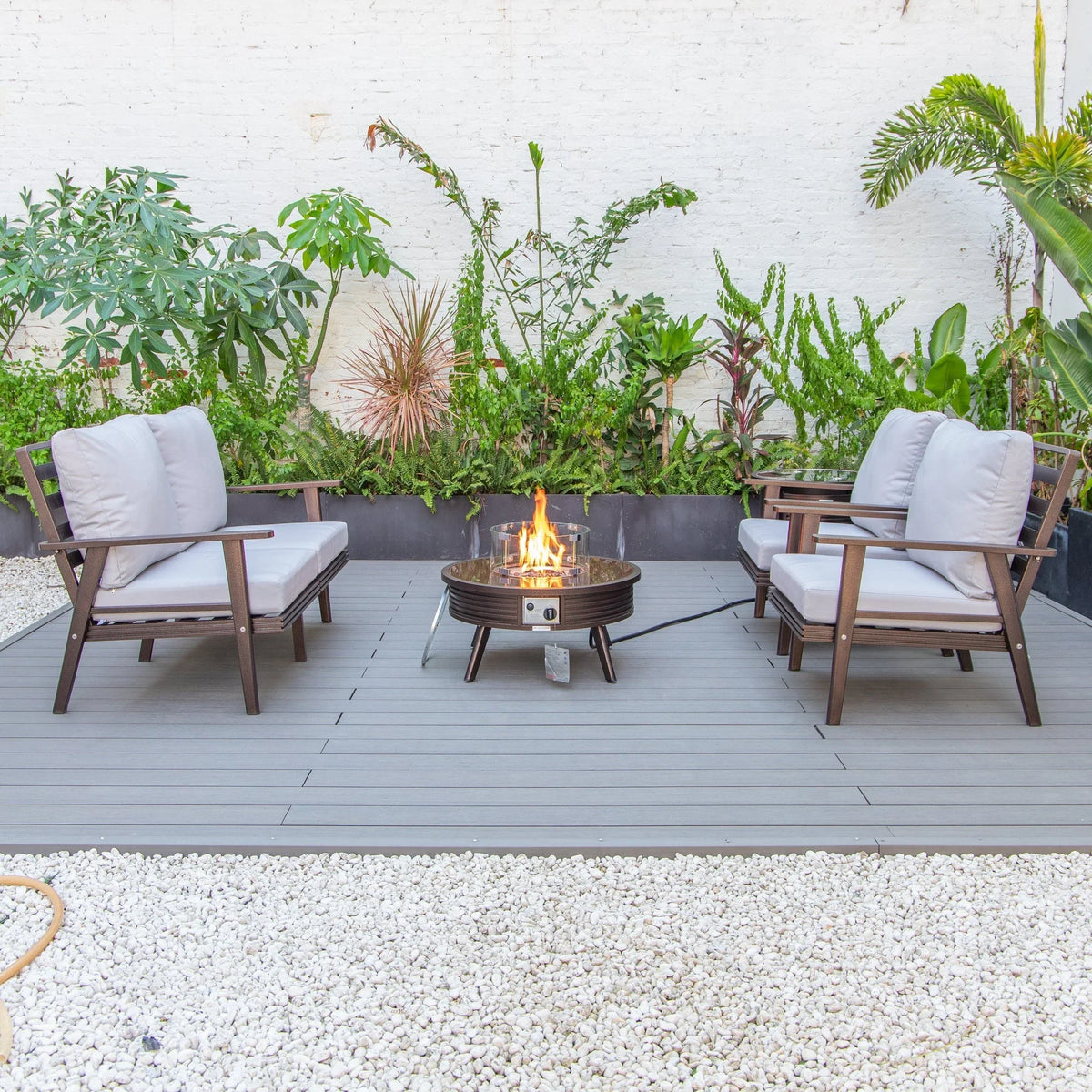 Walbrooke Aluminum Patio Conversation With Slats Design Fire Pit Table & Tank Holder - Elax Furniture